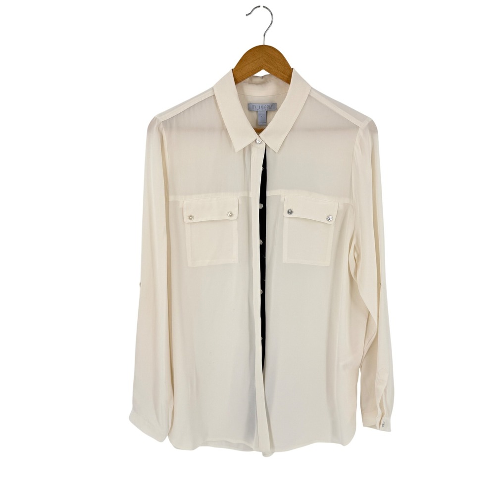 Dylan Gray 100% Silk Blouse Cream Large Roll Tab Sleeve Utility Chic Minimalist